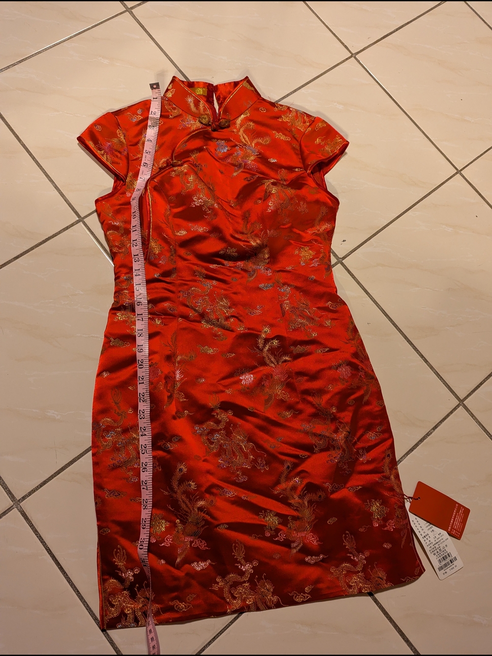 Red Satin Floral Cheongsam Dress with Mandarin Collar